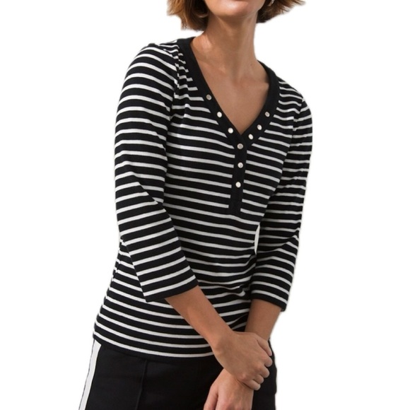 Chico's Tops - Chico's Womens Zenergy Striped Ribbed Henley Tee Top Size 2 Black White Stretch